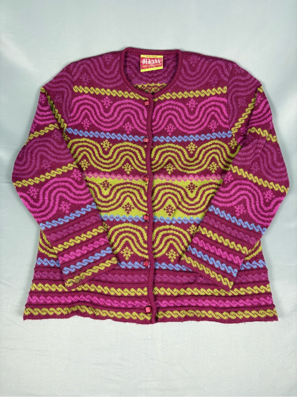 Oleana Norway 100% Alpaca Psychedelic Wave Knit Cardigan Sweater M L